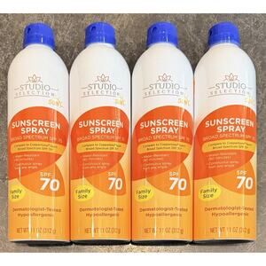 4 Family Size Cans Of Studio Selection Hypoallergenic Sunscreen Spray SPF 70 New